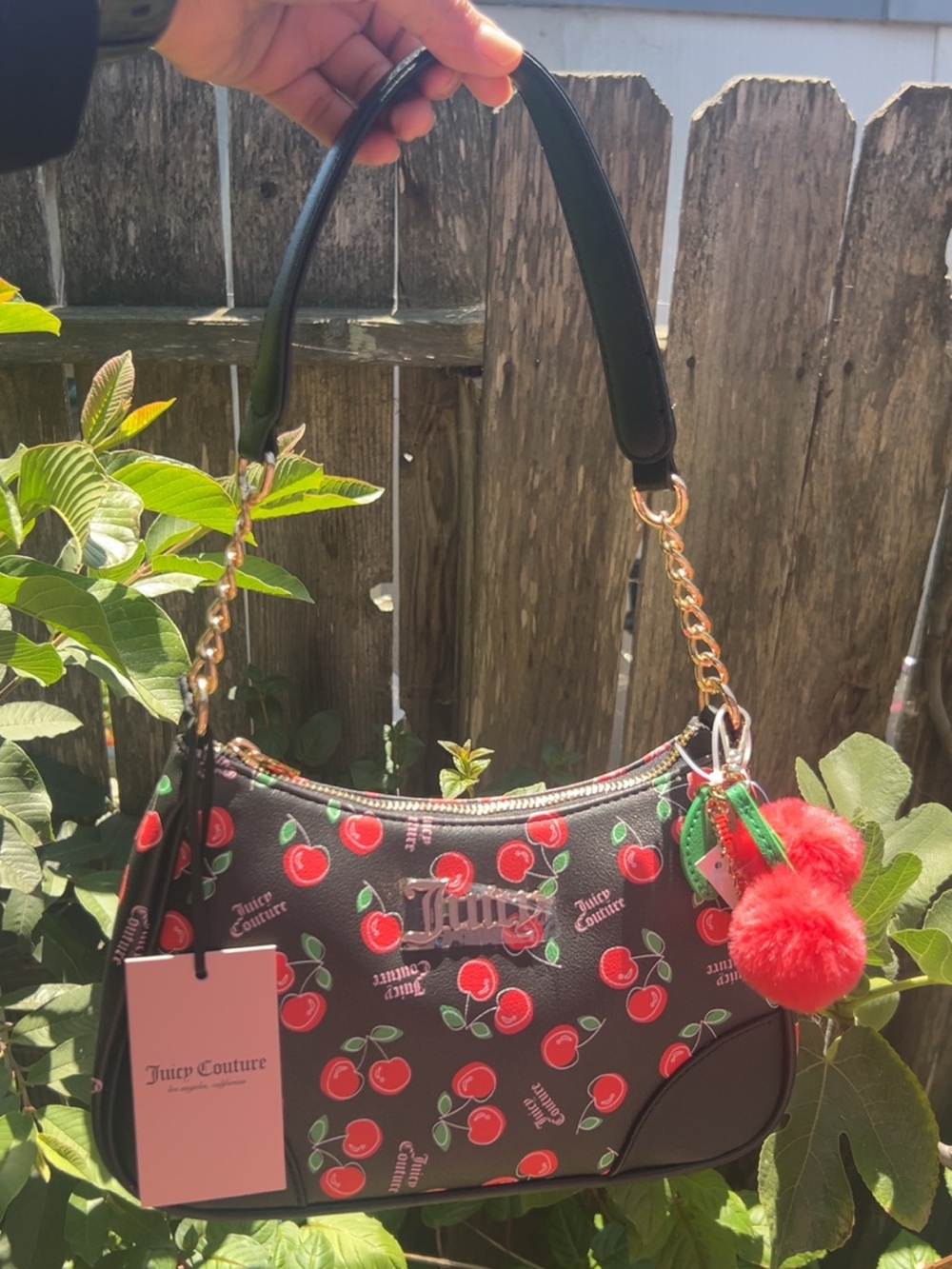 Juicy Couture Black Shoulder Bag with Red Cherry Print and Gold Accents